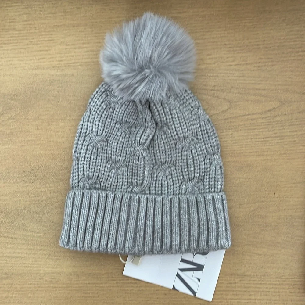 Zara Kids Bundle of 2 Beanie Faux Fur Pom Hats Gray and Pink 1-3 years